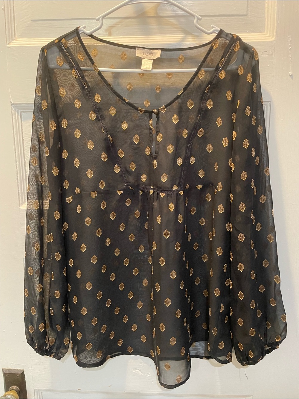 LOFT Black Sheer Blouse with Gold Diamond Motif